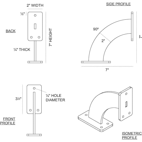 Bradford Steel Bracket, Powder Coated Black 2W X 7D X 7H